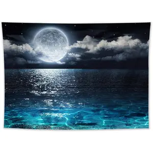 Ocean Tapestry Wall Hanging Blue Sea Night Sky Natural Scenery Tapestry Moon Over the Ocean Hippie Art Tapestries for Living Room Bedroom Teen Dorm Party Indie Decor,60X40 Inchs