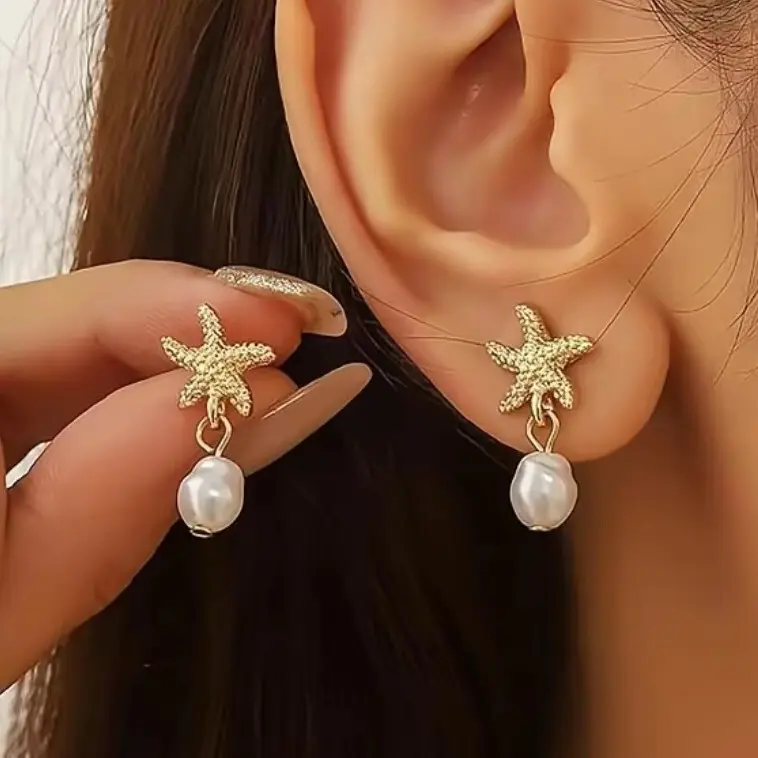 Gold Starfish Freshwater Pearl Drop Earrings, Summer Beach Dangle Earrings, Ocean Themed Jewelry, Holiday Vacation Accessories, Ideal Gift for Women