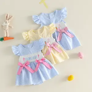 Baby Girls Easter Romper Dress A Line Letter Cross Embroidered Plaid Bows Smocked Flying Sleeve Newborn Jumpsuit