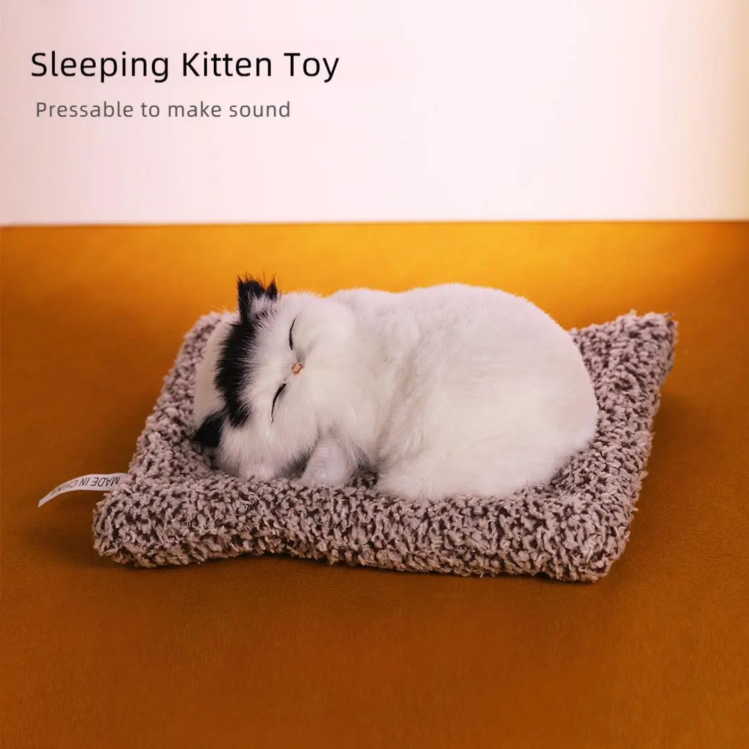 Realistic Simulation Sleeping Kitten Plush Toy with Kitten Face - Soft Faux Fur, Press Back for 3 Meow Sounds (Not Purring), 3–4 Yrs Kids Stuffed Animal Doll, Car/Home Decor Ornament, Gift for Children & Cat Lovers