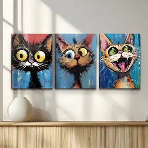 3-Piece Wooden Frame Wall Art Set, Creative Cat Design Modern Prints, Canvas Wrapped for Living Room & Bedroom Decoration, Modern Home Decor