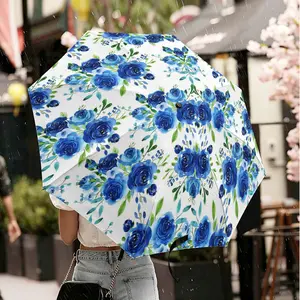 1PC Retro Blue Rose Floral Print Umbrella, Vintage Art Watercolor Style, Windproof Waterproof Sun & Rain Parasol, UV Protection Foldable Compact, Aesthetic Cute Design, Perfect For Daily Commute, Outdoor Travel, Shopping, Fashion Women Girls Gift