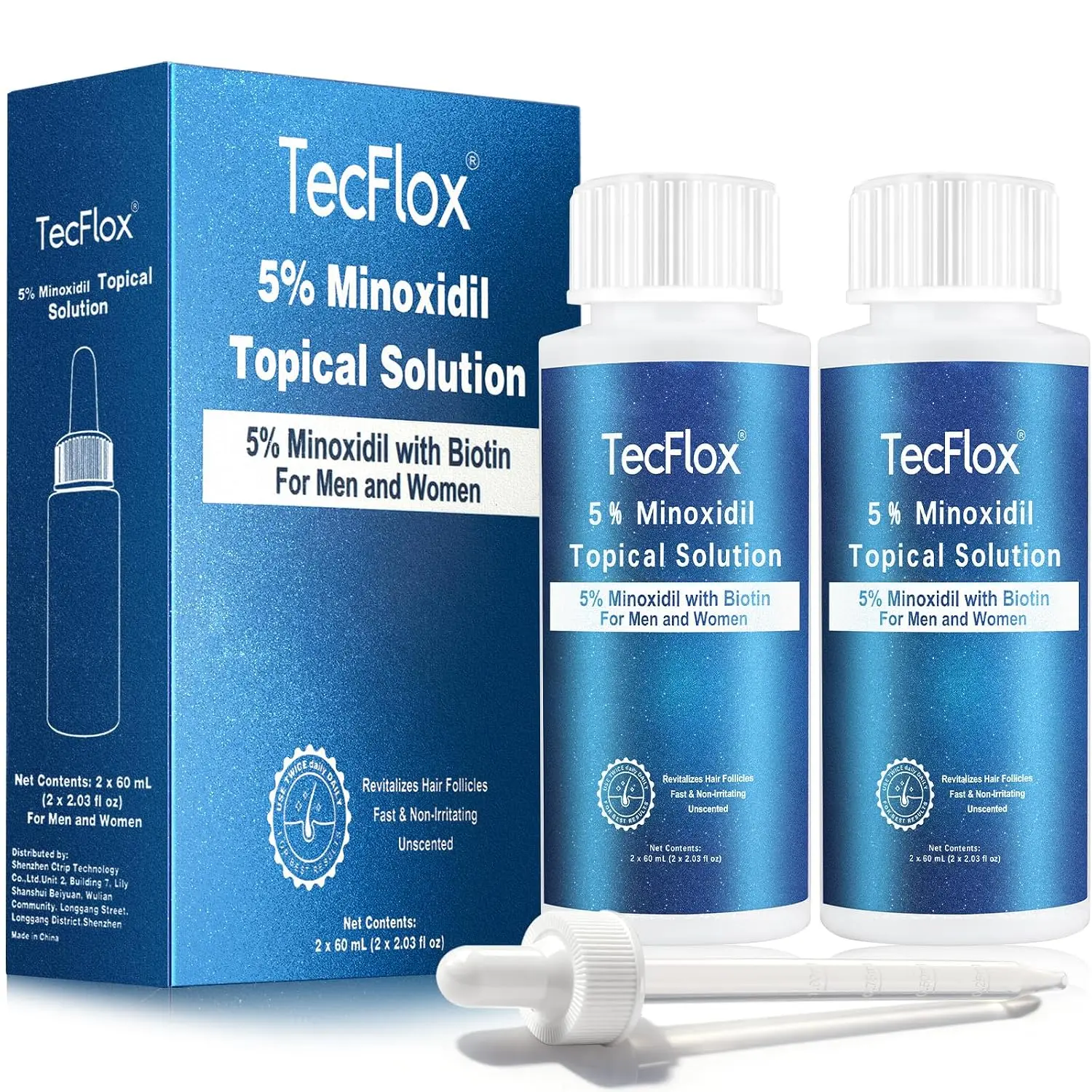 TecFlox 5% Minoxidil Hair Regrowth Solution with Biotin - 2-Pack (4 x 60 mL) for Men & Women