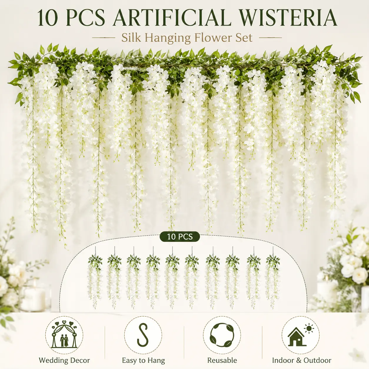 10 PCS Artificial White Wisteria Hanging Flowers, 6ft Silk Wisteria Vines Garland with Green Leaves, Reusable Fake Flower Curtain Strands for Wedding Arch Backdrop, Ceiling Wall Home Garden Party Patio Indoor Outdoor Decor