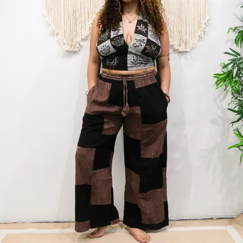 Women's Patchwork Cotton Flare Pants - Breathable, Adjustable Wide-Leg, Elastic Waist with Drawstring, Goth Boho Vibe, Pockets, Streetwear Fit, Everyday Bottoms