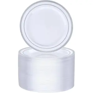 BESTVIP 100PCS 7" Silver Plastic Dessert Plates – Heavy Duty Disposable Plates with Elegant Silver Rim, Perfect for Cakes, Desserts & Salads, Ideal for Weddings, Parties, Birthdays, Christmas & Thanksgiving