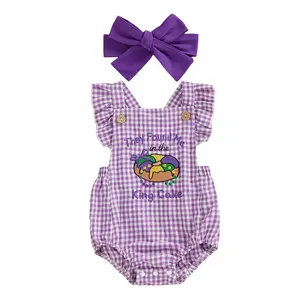 Baby Girl Mardi Gras Outfit They Found Me in the King Cake Onesie Ruffle Romper Bubble Plaid Bodysuit with Headband