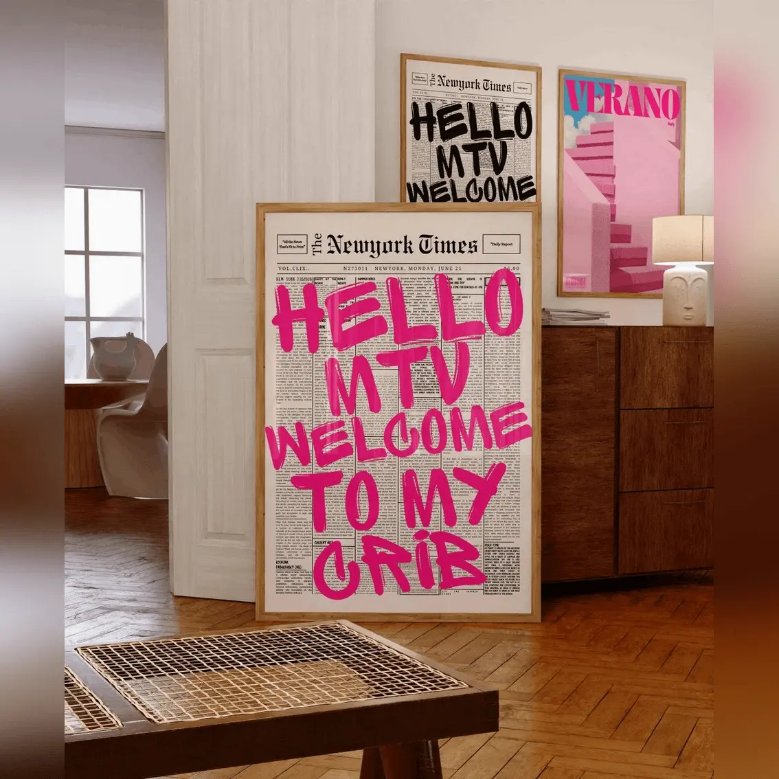 Hi Mtv Poster, 70s Wall Print, Girly Decor, Welcome To My Crib Print, Retro Print, Aesthetic Apartment Decor, Pink Preppy Poster, Teen Room Decor Poster
