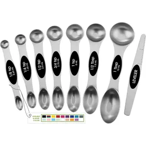 Stainless Steel Magnetic Measuring Spoons Set with Strong N45 Magnets, Heavy Duty Metal Kitchen Gadgets for Baking & Cooking, Fits in Most Kitchen Spice Jars, Set of 8 with Leveler, Black