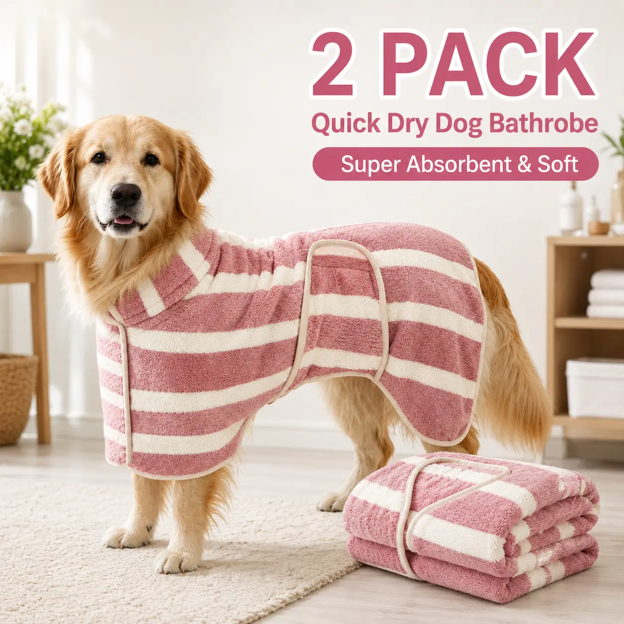 2 Pack Quick Dry Dog Towel Robe, Super Absorbent Pet Bathrobe, Soft Fast Drying Coat for Dogs, Keeps Pets Warm and Dry After Bath