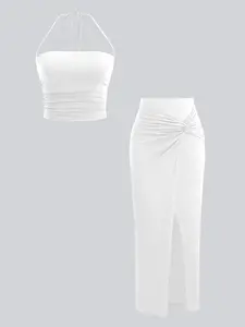 Summer Women's Solid Color Sexy Chic Off-Shoulder Crop Top with Cinched Waist & Wrap Tie + High Slit Knot Twist Detail Draped Figure-Skimming Skirt (Two-Piece Set)