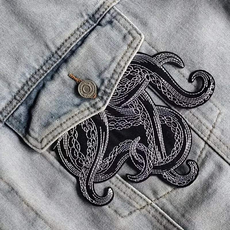 1 Piece Squid Mustache Horror Legend Embroidered Patch, Unique Embroidery Back Adhesive Iron-On, Suitable for Clothes Jackets Hats Accessories, Back Pocket Embroidery, Embroidery Patches