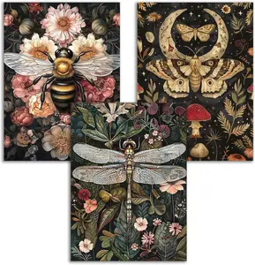 Diamond Art Kits Vintage Dragonflies Moths Bees Diamond Painting Set Round 5D Full Diamond Dot Crafts Home Wall Decoration Gift 12x16 In 1/3/4/6PCS