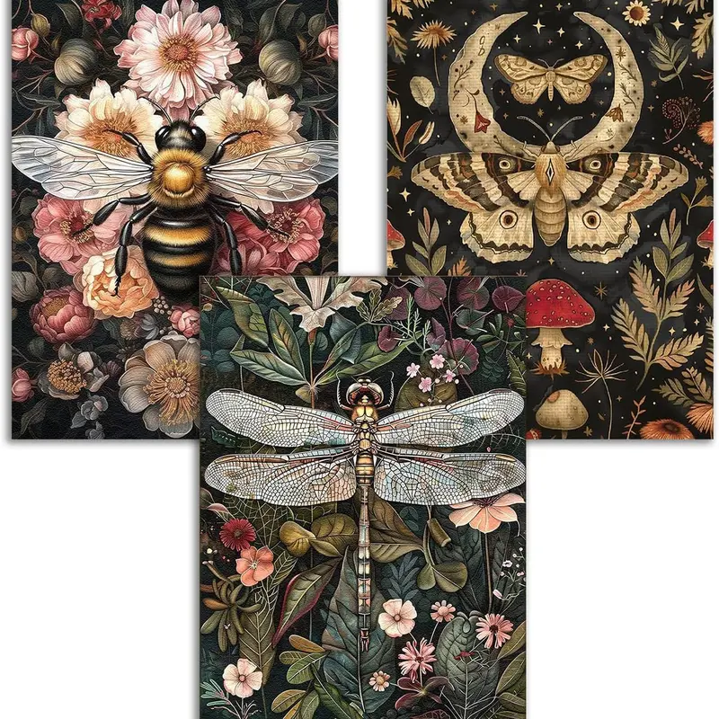 GemZono 5D Full Diamond Art Kit, Vintage Dragonflies-Moths-Bees Design, Round Plastic Waterproof Stress Reliever, 12x16in Odorless & Safe Full-Color DIY Craft Supplies, 3-4-6PCS Unisex Needlework, Christmas Home Wall Decoration Graduation Gift