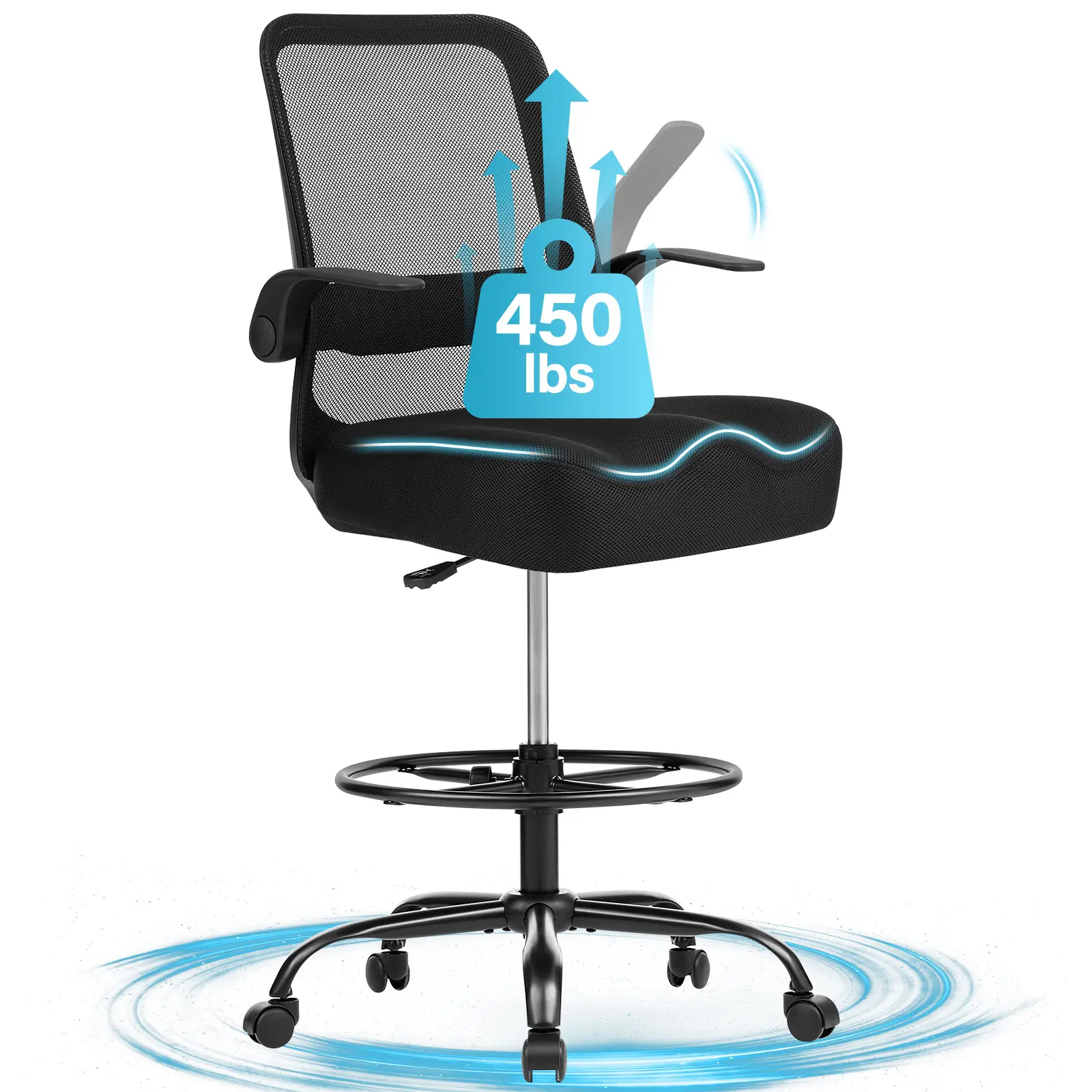 JONPONY 450LBS Office Drafting Chair, Executive Rolling Swivel Chair with Adjustable Foot Ring and Flip-Up Arms, Comfy Extra Deep W-Shape Thicken Cushion, Breathable Mesh Standing Desk Chair, Black