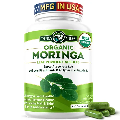 Moringa Powder Capsules Organic - Pura Vida  Moringa Leaf. Energy, Metabolism, & Immune Support. 120ct. 500mg Caps. Supplement Healthcare
