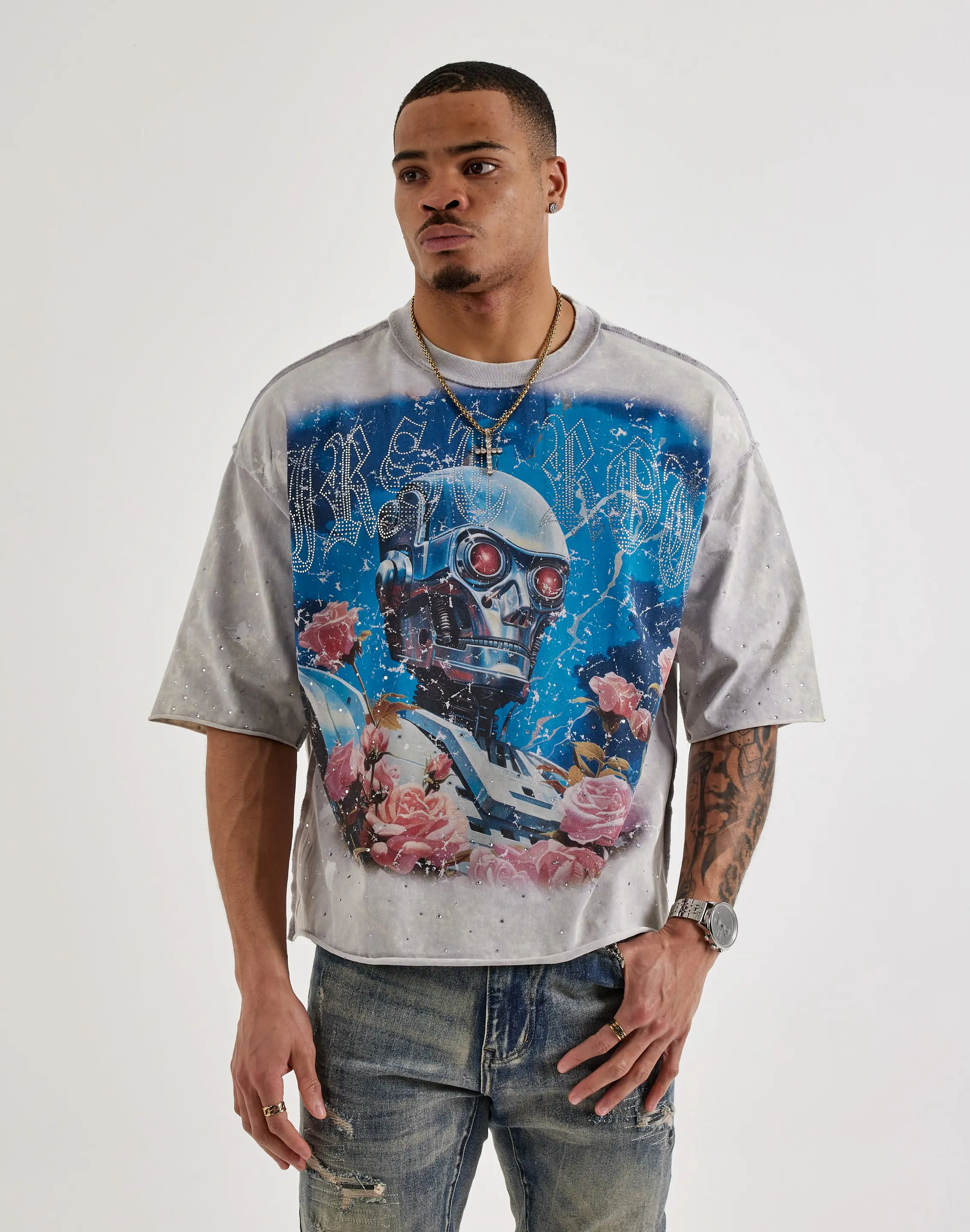 Mens First Row Cropped Lost Utopia Rhinestone Tee