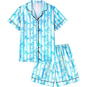 Cute Girls Children Apparel Sylfairy Girls Pajamas Silk PJS Set Bow Satin Sleepwear Short Sleeve Jammies for Kids Button-Down Nightwear size 7-8 10-12