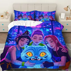 3PCS Duvet Cover Set, 1 Duvet+2 Pillowcases(Without filler),  Cat Friends Cityscape theme, Halloween bedding set, Urban Nightlife Suitable for decoration bedroom dormitory apartment studio.
