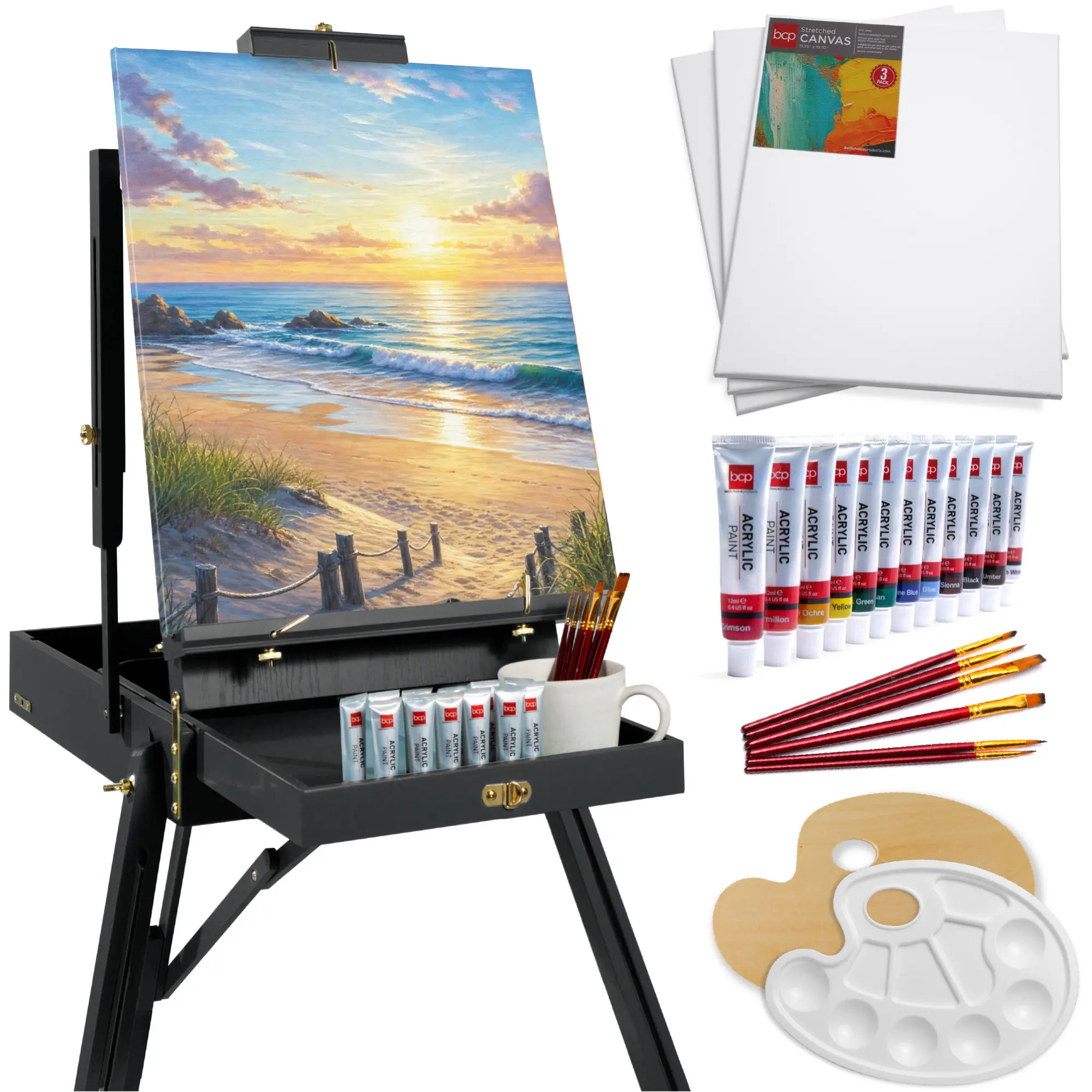 Best Choice Products French Easel, 32pc Beginners Kit Portable Wooden Adjustable Tripod  w/ Paint Supplies