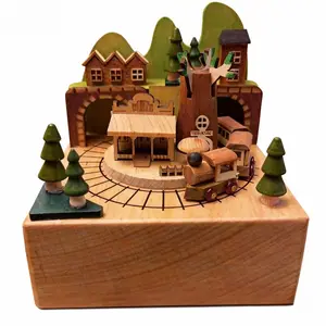 【February Faves】Wooden Music Box ,Country Series Train Dream Fairy Tale Town Music Box, Birthday Gift Healing Style Gift Box,Christmas Gift