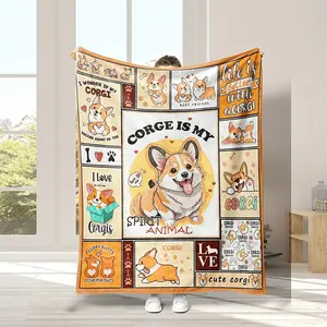 1pc Cute Corgi Print Blanket, Flannel Blanket, Soft Warm Throw Blanket Nap Blanket For Couch Sofa Office Bed Camping Travel, Multi-purpose Gift Blanket For All Season