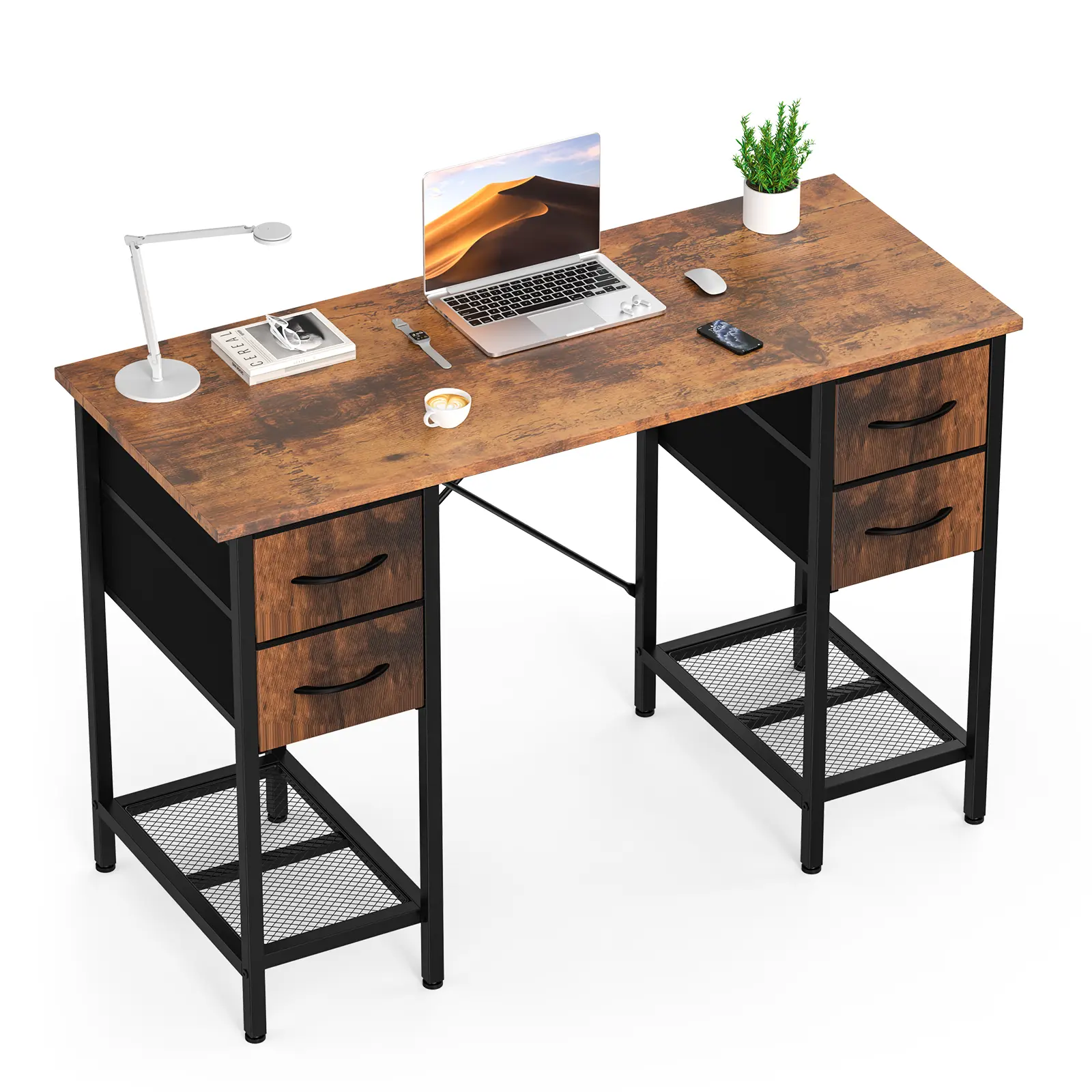 Sweetcrispy Sturdy Rustic Rectangular Home Office Desk - 4-Drawer Storage Platform, 2 Mesh Shelves, Metal Frame, Waterproof Wood Workstation, Armless Furniture-Style Workstation, Assembly Required Commercial Office Furniture