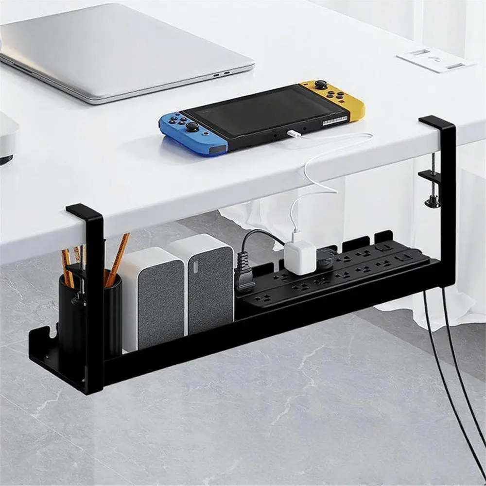Wireless Metal Mesh Cable Management Tray, Clamp-Installed Under Desk Organizer, Desk Tidy, 3-Hole Design for Home Office Standing Desks, Office Desk Supplies, Wire Organizers