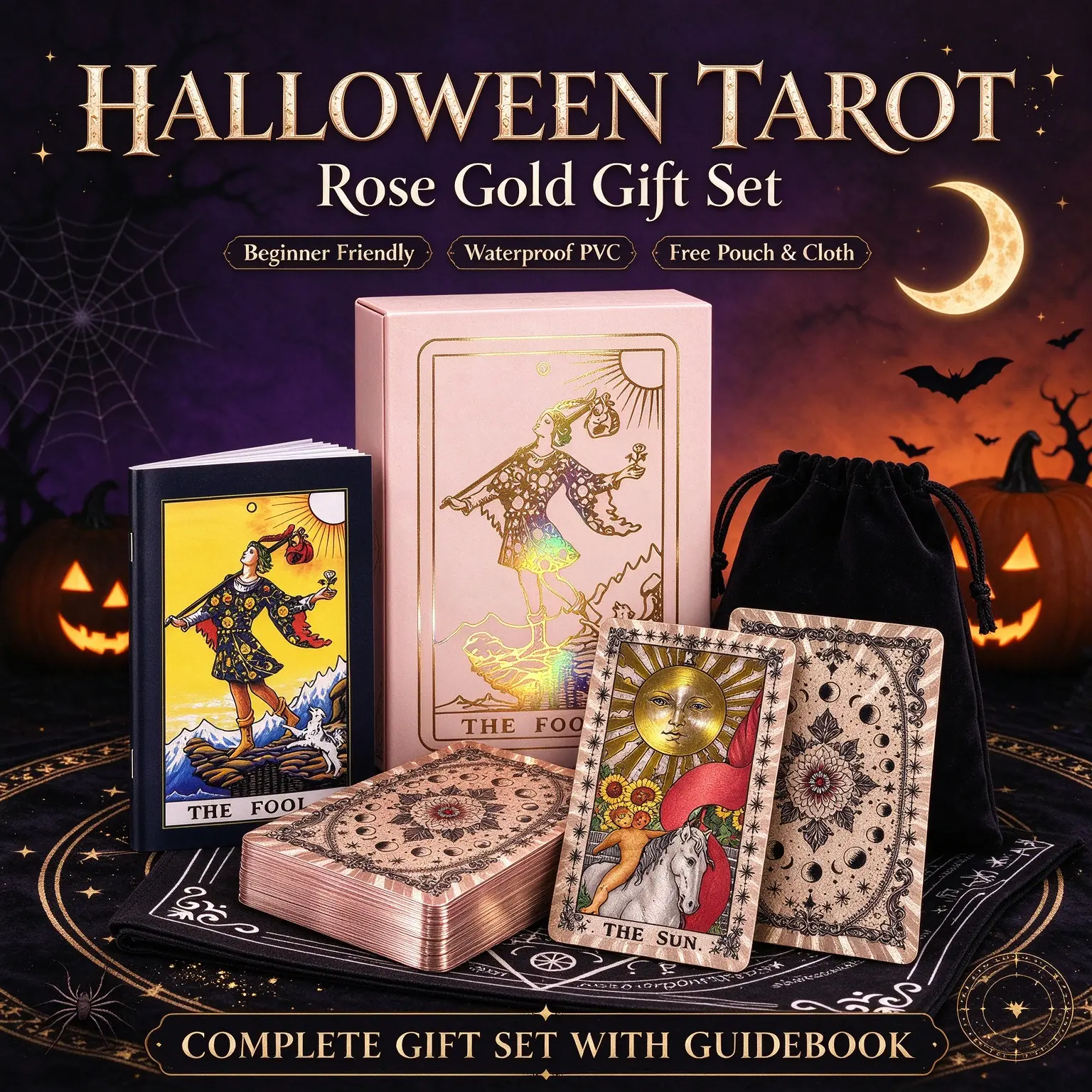 Rose Gold Tarot Cards for Beginners, Waterproof PVC Tarot Deck with English Guidebook, Foil Finish Card Set with Gift Box, Storage Pouch & Reading Cloth, Halloween Gift for Tarot Lovers