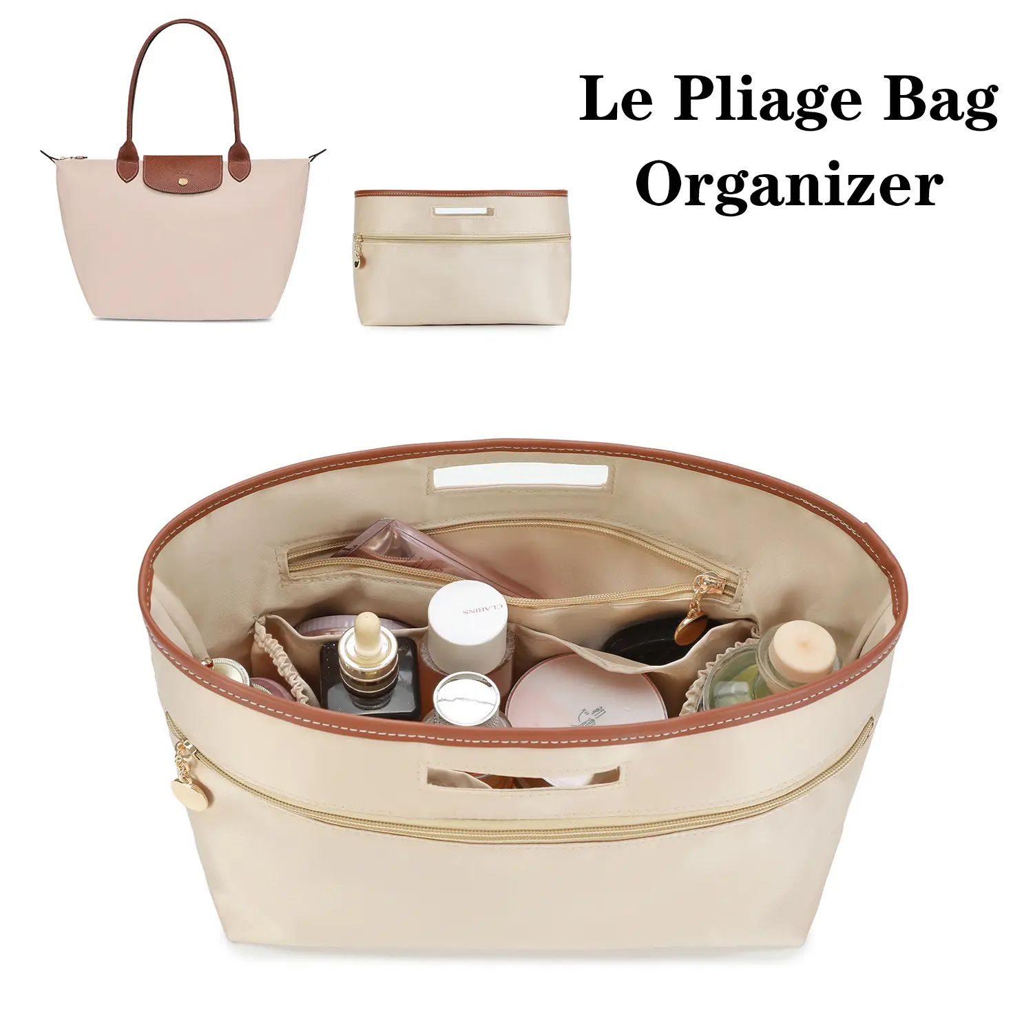 Satin Handbag Organizer Insert with Handle, Purse Organizer Liner Bag Compatible with Longchamp Le Pliage Tote Bag, Multi Pocket Bag In Divider, Portable Cosmetic Inside Storage Bag for Women