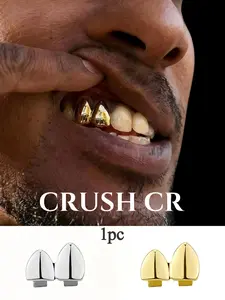 CRUSH CR 1pc 18K Gold Plated Double Bold Vampire Fang Single Tooth Cap Grillz for Men Women,High-Gloss Polished Finish, Hypoallergenic Removable Grillz, Perfect for Hip Hop Concerts, Music Festivals, Club Nights Urban Street Style