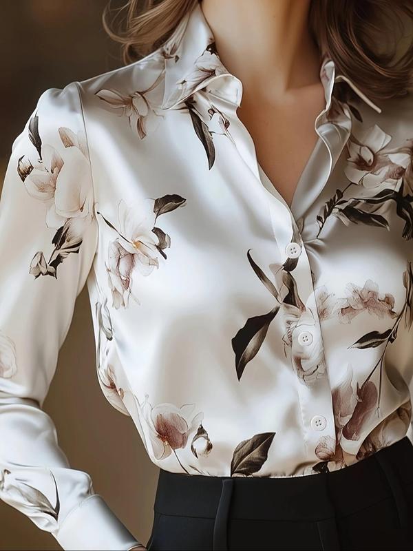 Women's Floral Print Satin Button Up Blouse, Elegant Long Sleeve Button Closure Top for Work Office Business, Ladies Clothes for All Seasons, Shirts