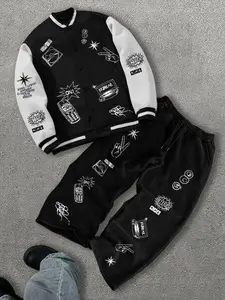 Men's Fashion Street Graffiti Print Jacket & Sweatpants Set, Casual Fitted Long Sleeve, Colorblock Pattern, Fall Winter Wear