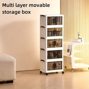 Multi-Layer Foldable Open Storage Cabinet for Home Living Room with Wheels - White organizer clear stackable