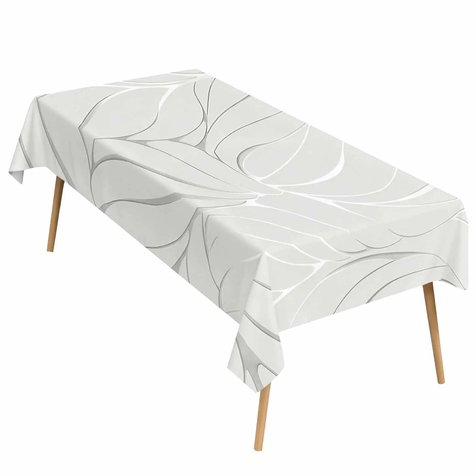 EastJia 1pc Polyester Rectangle Tablecloth - White Grey Leaf Pattern, Durable, Easy to Clean, Machine-Made, Ideal for Party Dining, Home Decor, Spring Celebrations