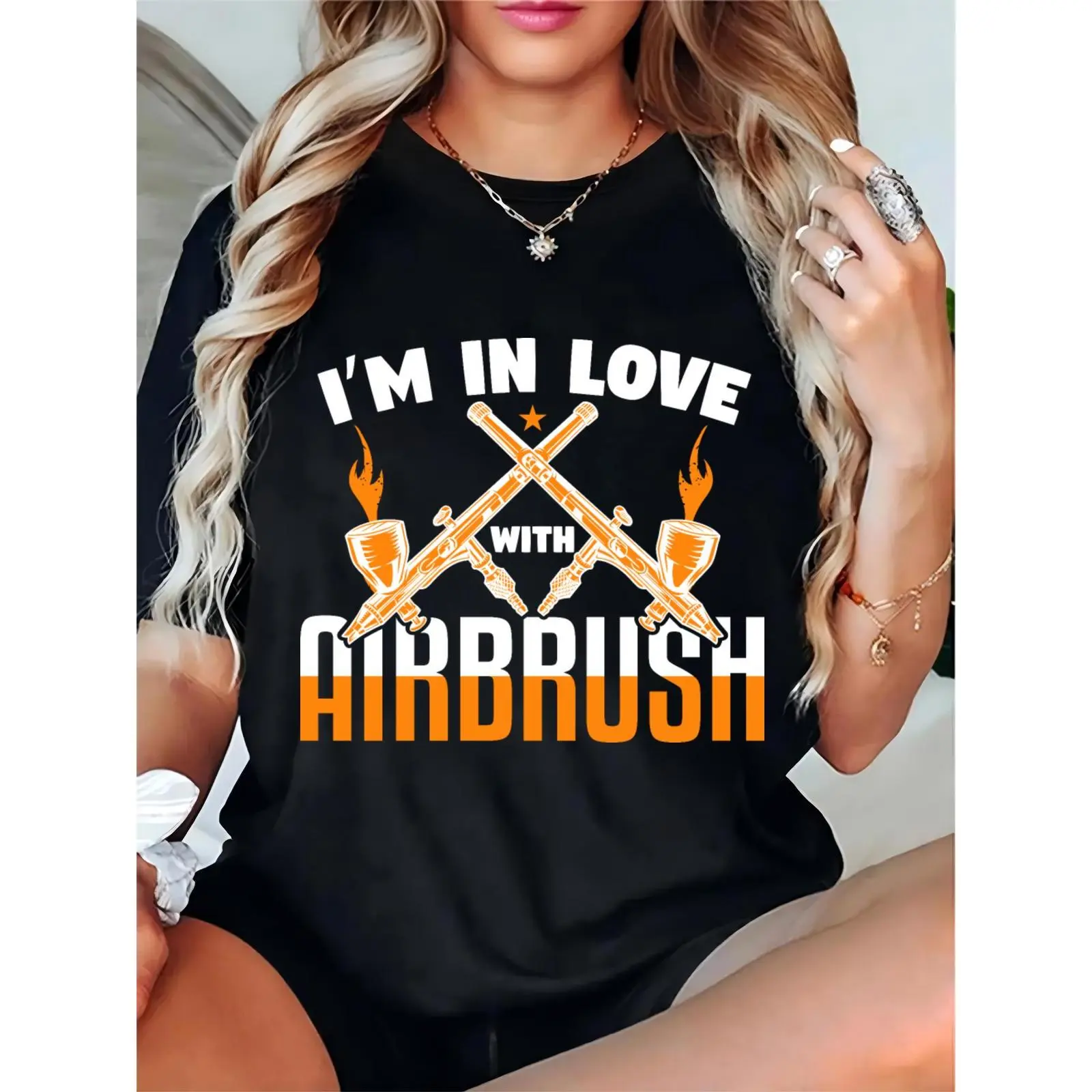 Women's "I'm In Love With Airbrush" T - Shirt | Crossed Airbrushes, Flames, Star | Casual Art Studio/Craft Event Top for Airbrush Artists & DIY Enthusiasts