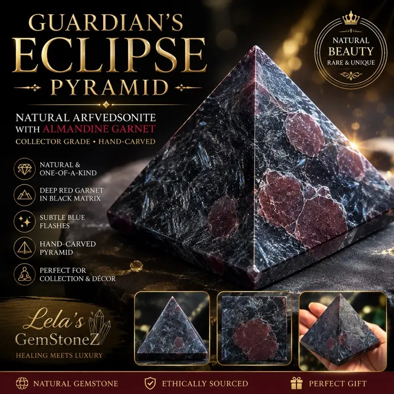 Guardian’s Eclipse Pyramid  Natural Arfvedsonite with Almandine Garnet  Collector Grade • Hand-Carved • Natural Stone  Weight: 0.60 lb (272 g) Crystal Home crystal carving high end manual bingo unique