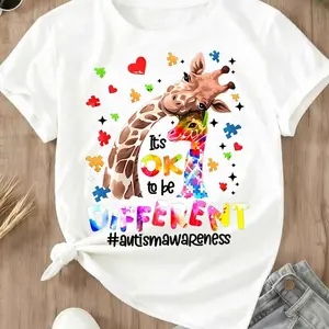 Giraffe With Puzzle Pieces And Hearts Print Ok To Be Different Autism Awareness T Shirt Casual Loose Fit Women's Top For Everyday Wear And Special Occasions - TrendWear USA