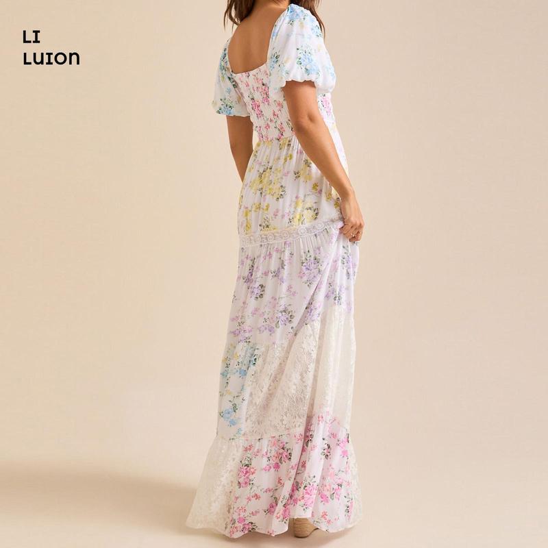 Women Summer Beautiful Colorful Floral Print  A-line Dress Casual Ruffled Hem Short Sleeve Party Dress For Cocktail Streetwear Elegant Fashion Beach Womenswear