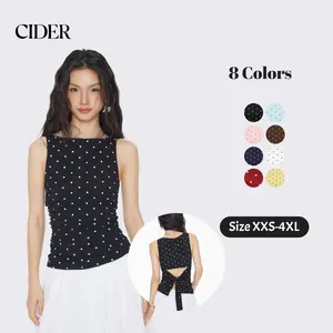 Cider Cotton-blend Boat Neck Knotted Polka Dot Ruched Tank Top