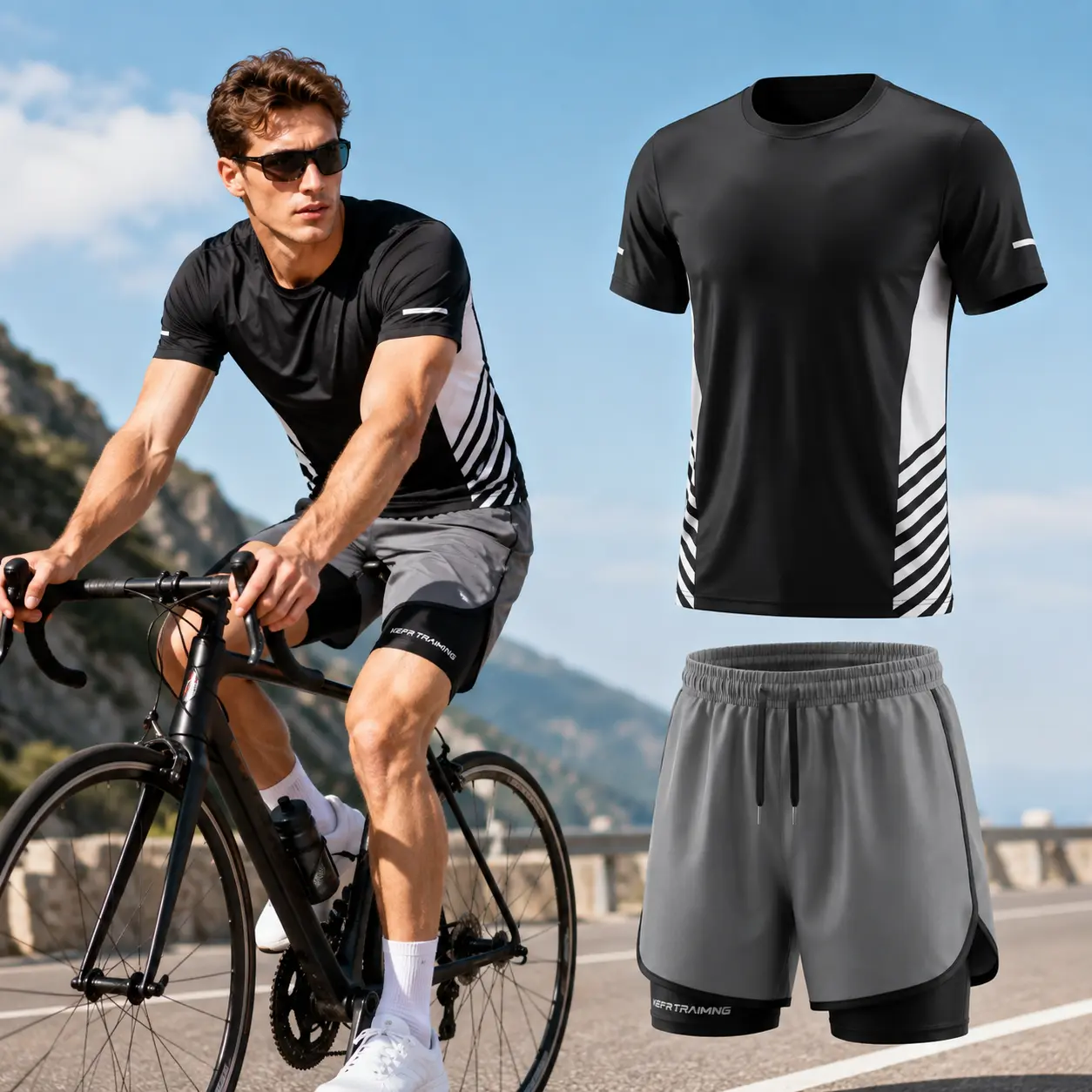 Men's Gym Training Set 2 Piece, Quick Dry Performance T Shirt and 2 in 1 Workout Shorts with Liner Phone Pocket for Fitness Running