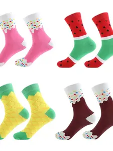 Funny Mid-Calf Socks, Breathable Long Socks for Spring Summer, Watermelon Pineapple Strawberry Patterns, 4 Pairs Pack