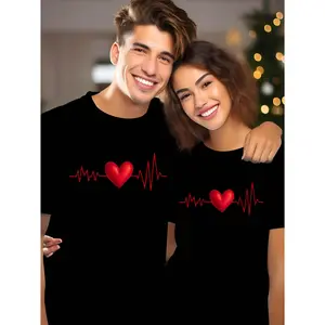 [Valentine T-Shirt] Valentine's Day Couple Fashion Casual Print Round Collar Men And Women's Short-Sleeved T-Shirt | Please Order Separately for Men and Women, Graffiti Heart Pattern Print, a Certain Thickness, As a Gift