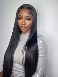 Black Long Straight 13×4 Lace Front Synthetic Wig, Pre‑Plucked Natural Hairline, 180% High Density, 32 Inches, Heat Resistant Synthetic Fiber, for Daily Commute, Dating and Everyday Wear