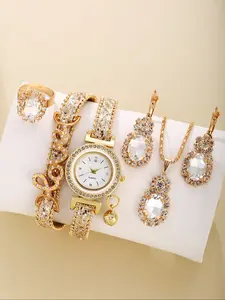 Elegant Women's Quartz Watch Set with Zircon Jewelry, Perfect Gift for Her, Includes Necklace Earrings Ring, All Seasons Wear