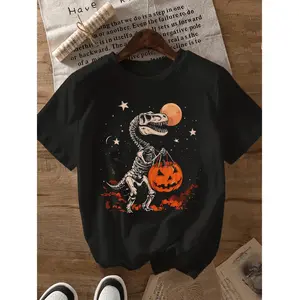 Plus Size - Women'S Plus Size Halloween Dinosaur Pumpkin Graphic T-Shirt - Casual Loose Fit Short Sleeve Round Neck Top with Geometric Print, Breathable Summer Tee for Casual Attire, Halloween T Shirt, Festive Attire, Playful Desi