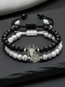 2pcs Stainless Steel Spider Web Design Couple Bracelet Set, Fashionable Vintage Aesthetic Black Frosted White Pine Adjustable Fit Couple Bracelet, Couple Bracelet