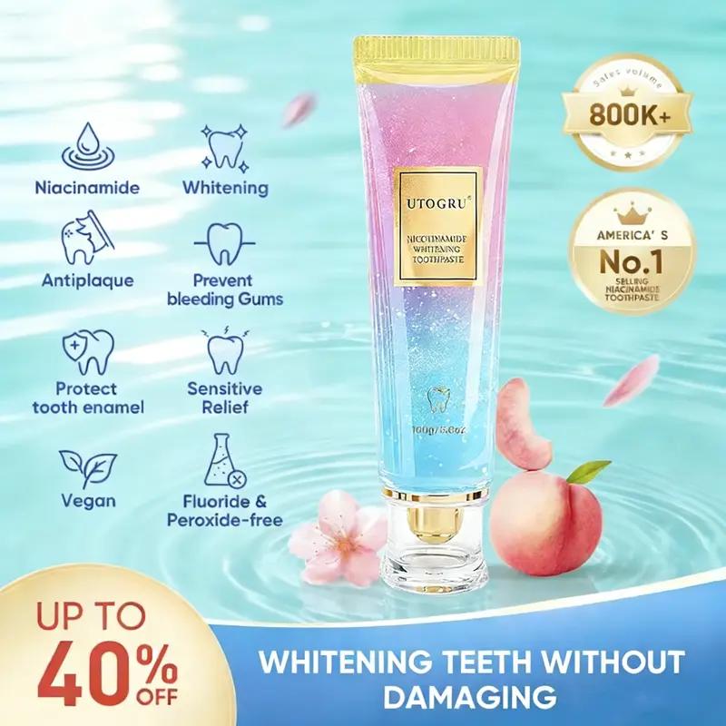 2-Piece Fluoride-Free Toothpaste for Oral Health Management - Anti-Plaque, Anti-Cavity, Whitening with Nicotinamide, Mint Evening Cleansing, Peach Gentle Peroxide for Radiant Teeth