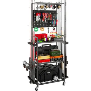 Black Fishing Rod Holders for Garage, Fishing Rod Storage Rack with Hooks & Wheels, Fishing Pole Holder Organizer for Tackle Box & Reel Storage