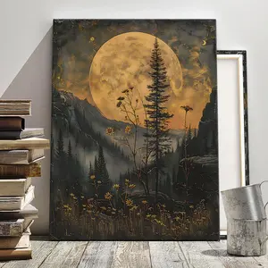 Wooden Framed Canvas Painting, Enchanted Mountain Forest Under Moonlit Night Pattern Wall Art, Modern Art for Home Living Room Bedroom Decoration, Ornaments